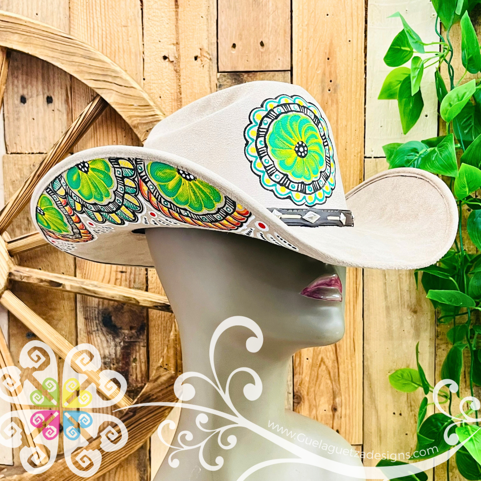 Khaki Mitla Cowboy Velvet Hat - Hand Painted Hat
