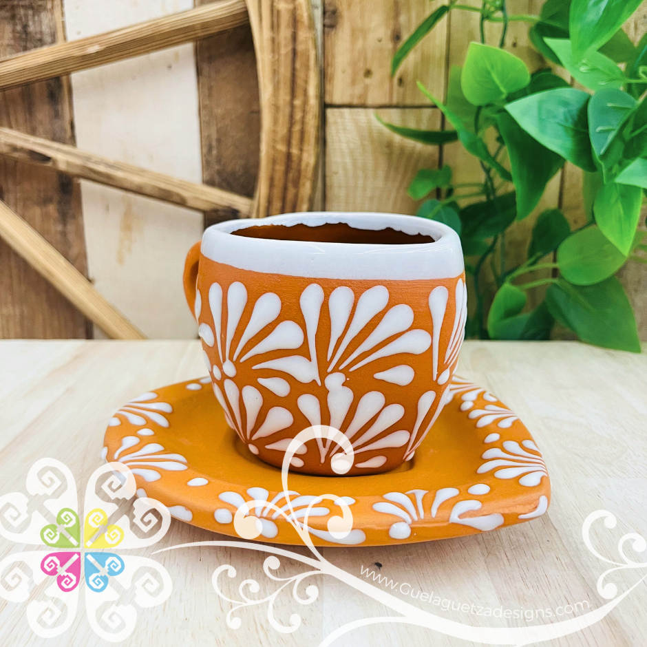 Set of 4 Natural Corazon Clay Plate with Mugs - Set Taza Barro