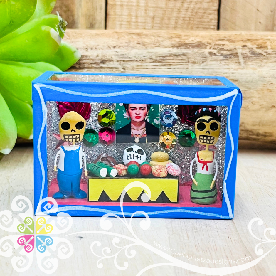 Blue Mini Square Frida Mexican Box Decor - Cajita Decorativa Barro Cocido