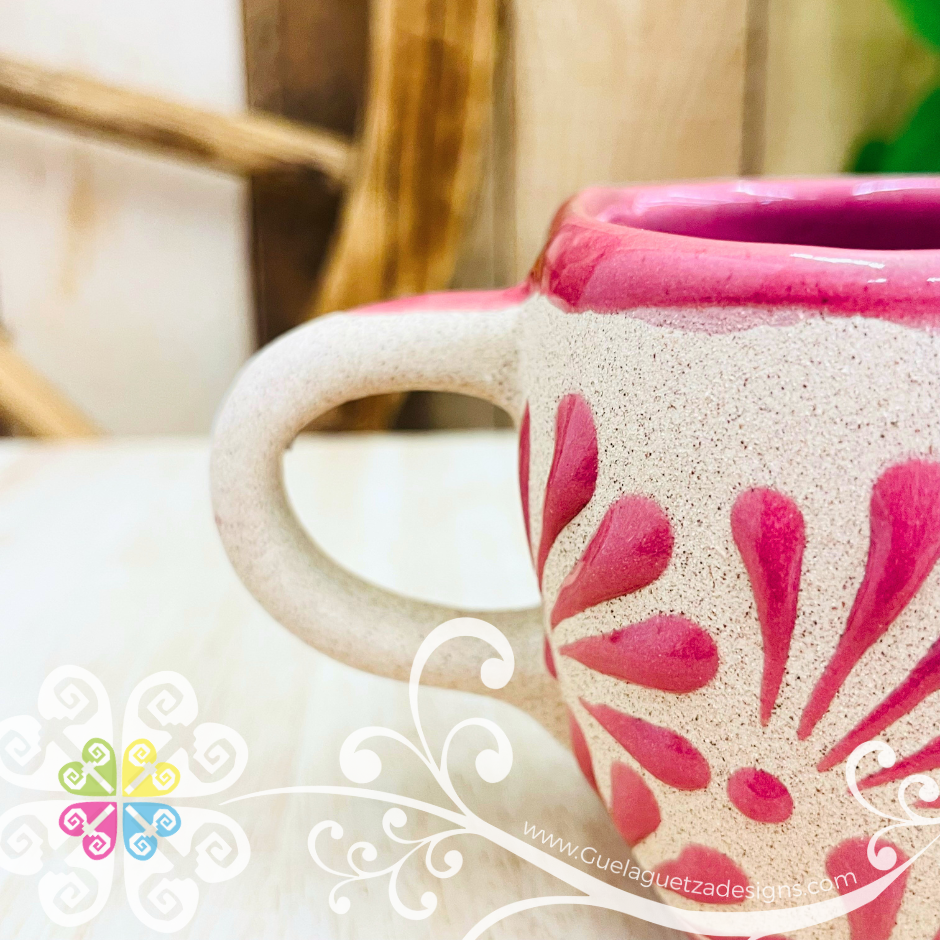 Set of 4 Pink Corazon Clay Mugs - Set Taza Barro