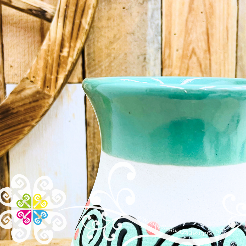 Teal Florero Ovulo Floreado - Mexican Home Décor
