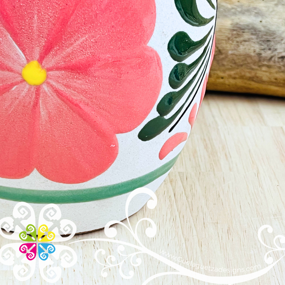 Teal Florero Ovulo Floreado - Mexican Home Décor