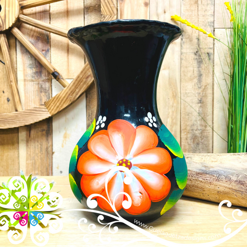 Medium Black Clay Hand Painted Vase - Barro Negro Oaxaca