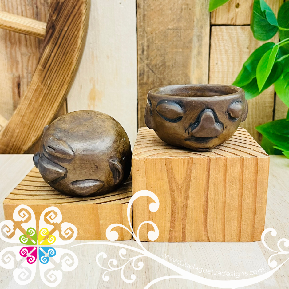 Set of 2 Olmeca Short Brown Clay Shot- Tequilero - Barro Cafe Oaxaca