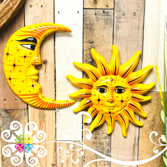 Large Yellow Ceramic Sun & Moon Set - Wall Decor