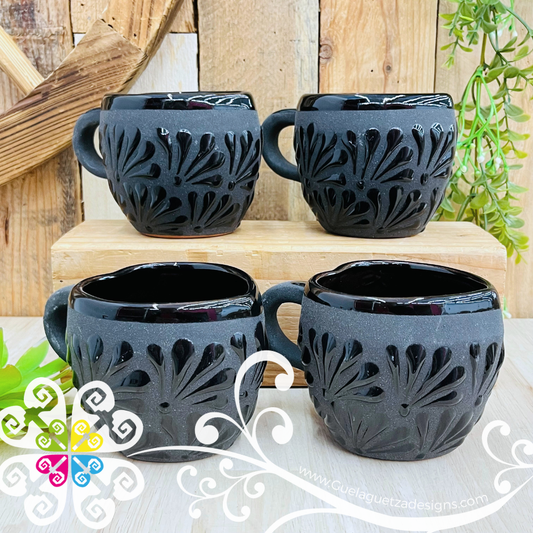 Set of 4 Black Corazon Clay Mugs - Set Taza Barro