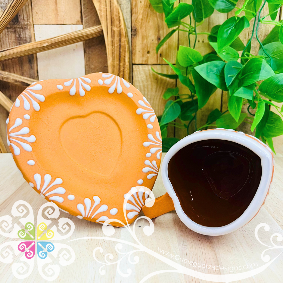 Set of 4 Natural Corazon Clay Plate with Mugs - Set Taza Barro