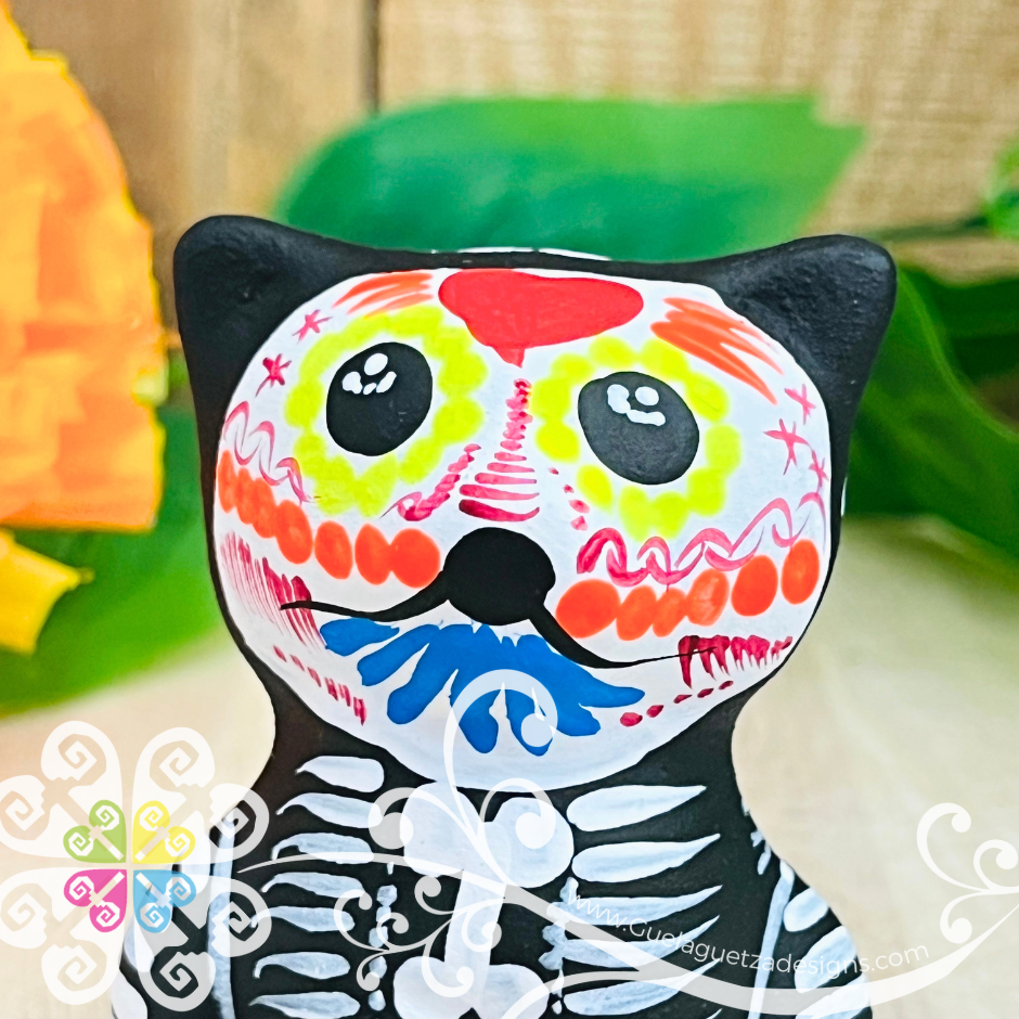 Mini Dia de los Muertos Seated Cat - Hand painted Cat