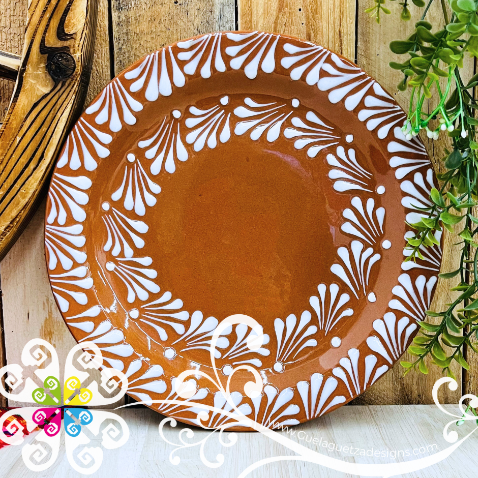 Set of 4 Large Natural with White Espiga Plate - Set Clay Flat Plates