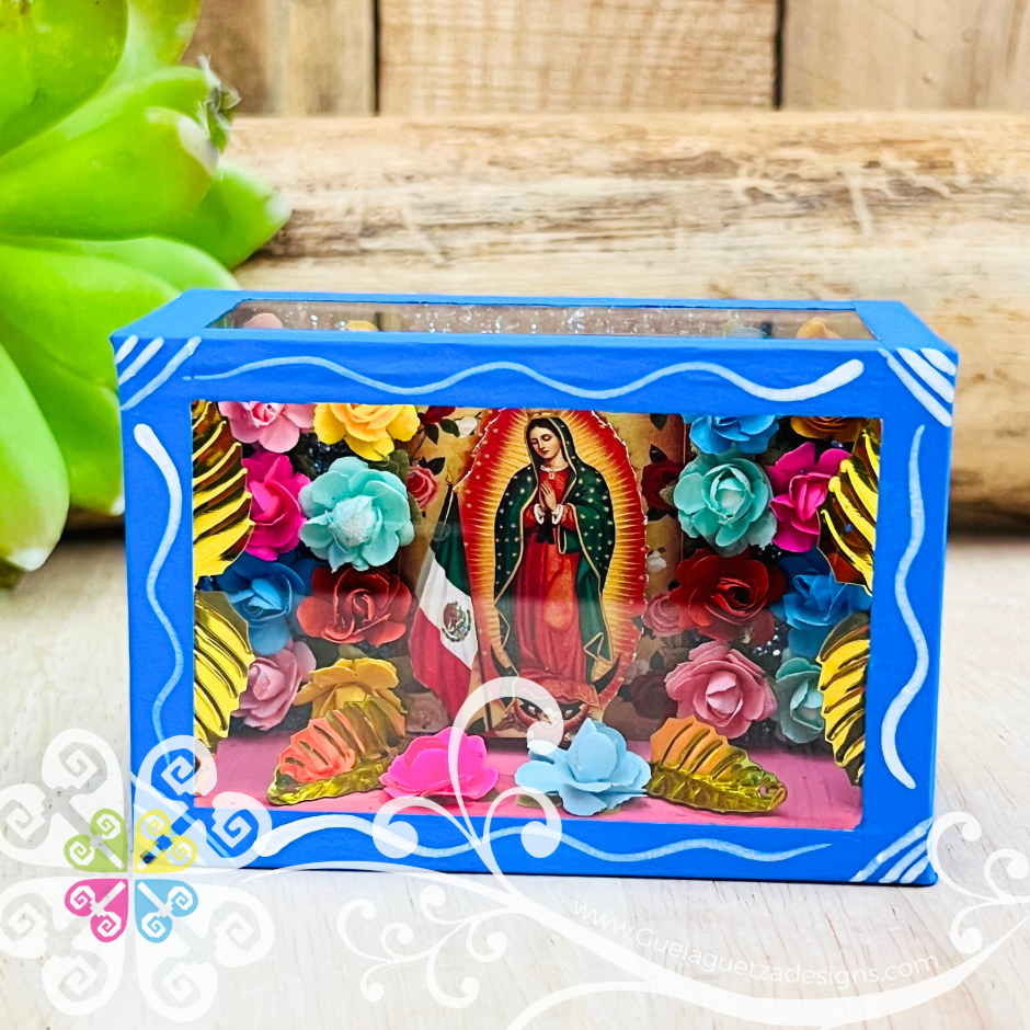 Blue Mini Square Virgen de Guadalupe Mexican Box Decor - Cajita Decorativa Barro Cocido
