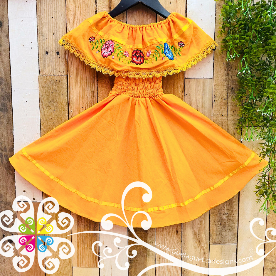 Yellow Tehuana Embroider Campesino Children Dress