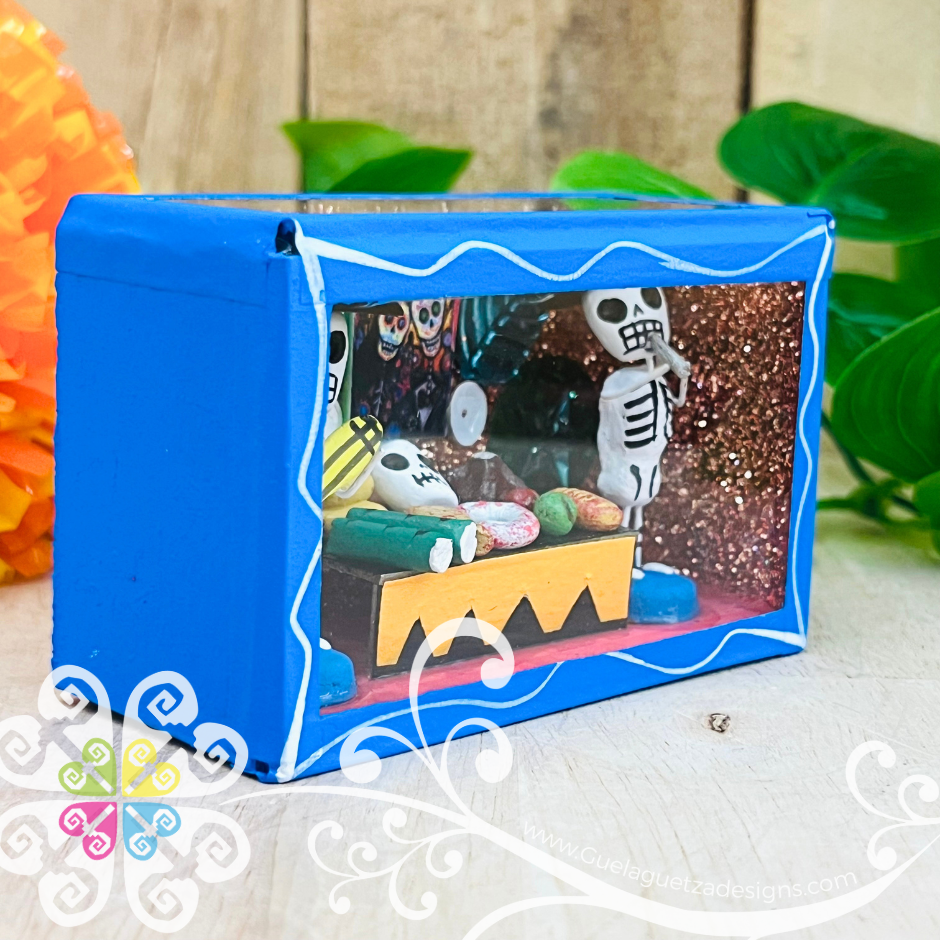 Blue Mini Square Day of Dead Mexican Box Decor - Cajita Decorativa Barro Cocido