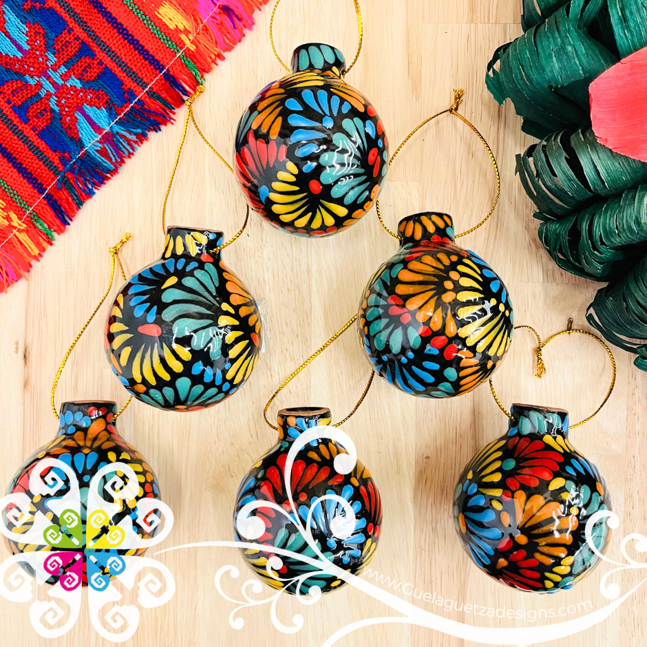 Black with Multi Puebla Ornaments - Talavera Christmas Ornaments