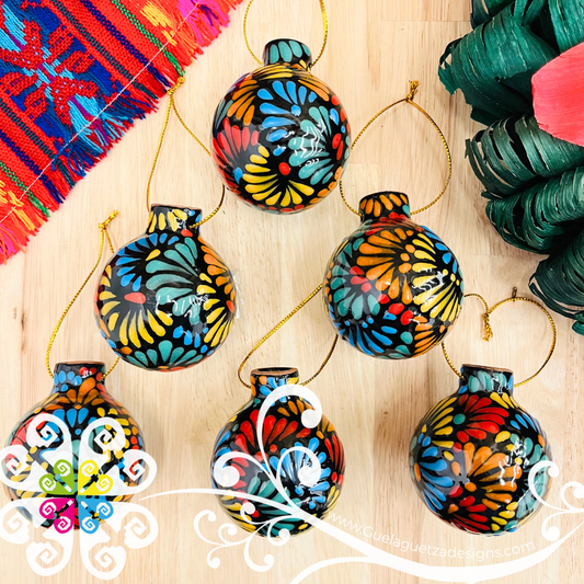 Black with Multi Puebla Ornaments - Talavera Christmas Ornaments