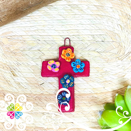 Mini Cruz Arbol de la Vida - Flores - Barro cocido