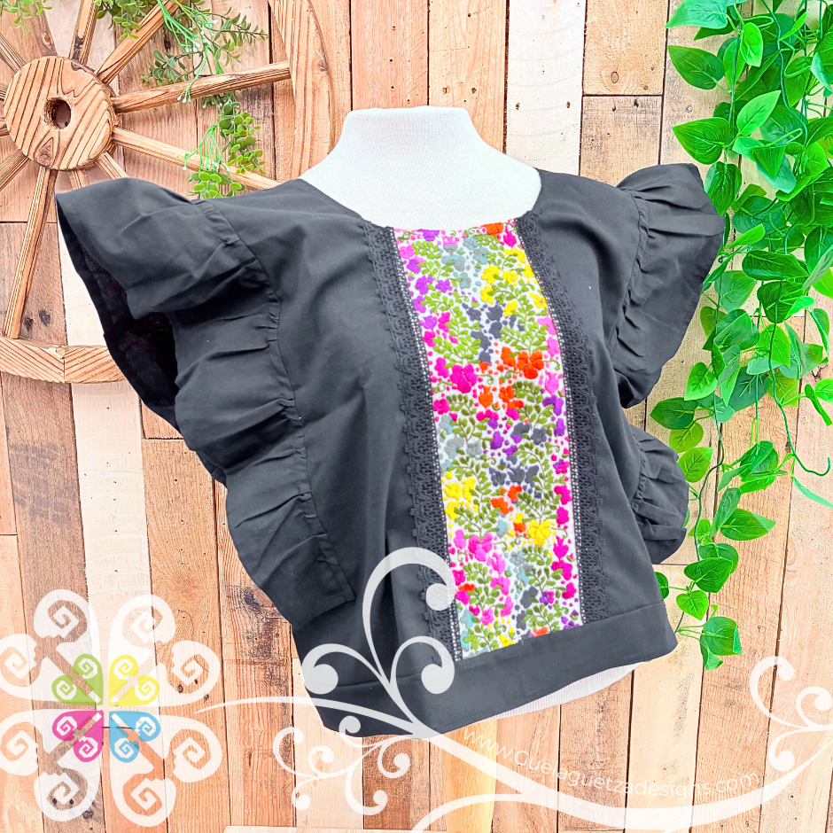 Black with Multicolor Coqueta San Antonino Crop Top