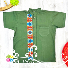 Olive Green Rhombus Stripe Shirt - Embroider Men Shirt