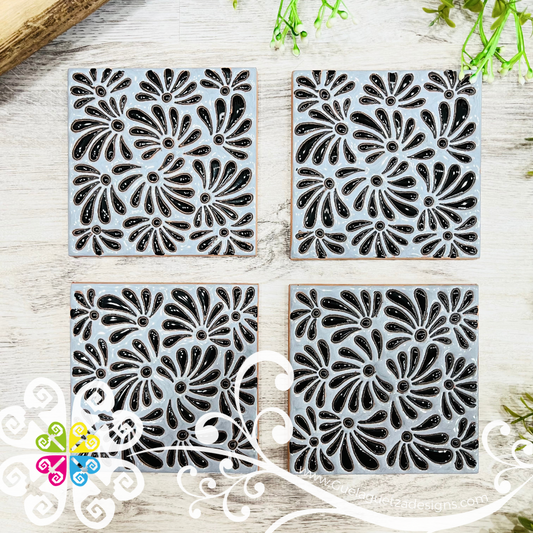 Set of 4 Square Plumeado Coaster Set -  Set of Clay Coasters