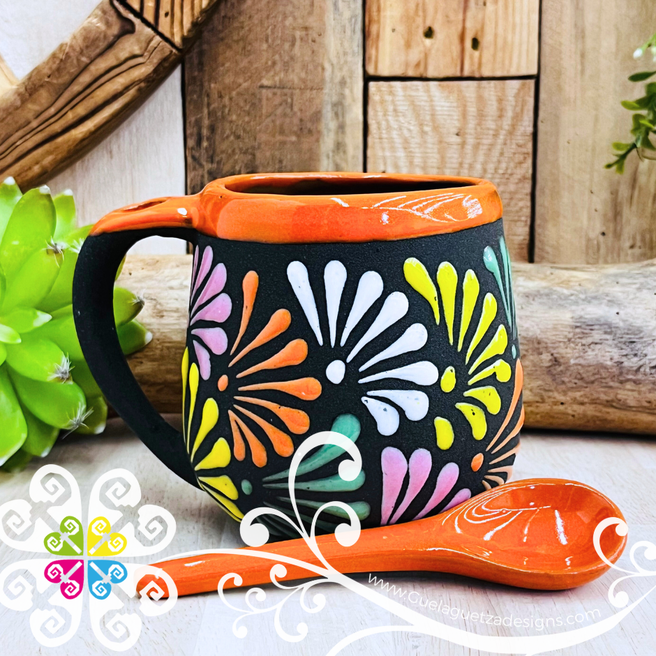 Orange With Multicolor Clay Mug with Spoon - Taza Espiga con Cuchara