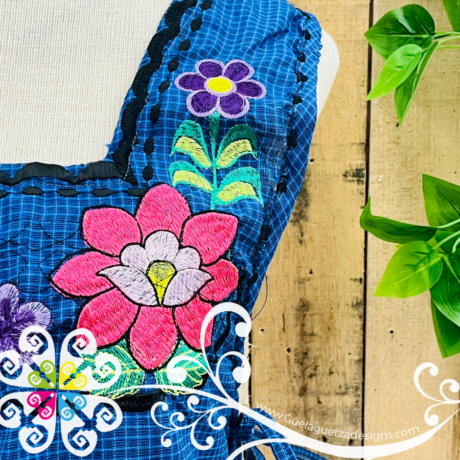Royal Blue with Pink Orchids Escapulario Embroider Apron - Mandil Artesanal