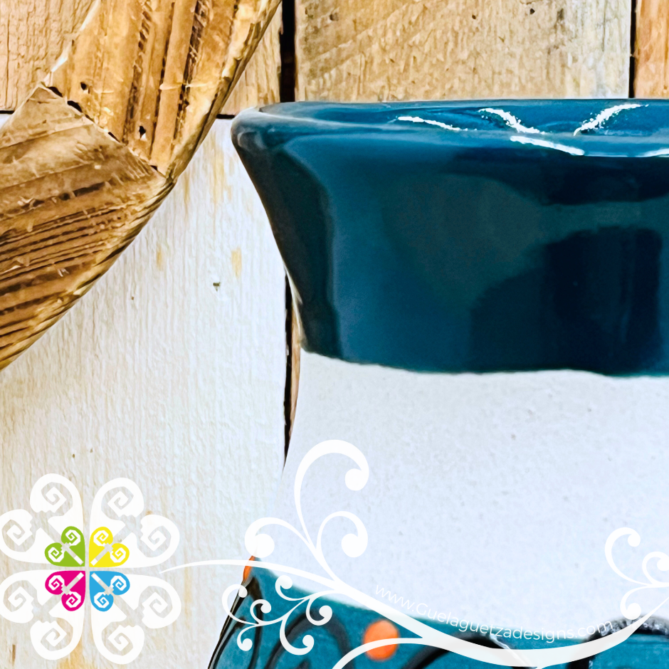 Dark Teal Florero Ovulo Floreado - Mexican Home Décor