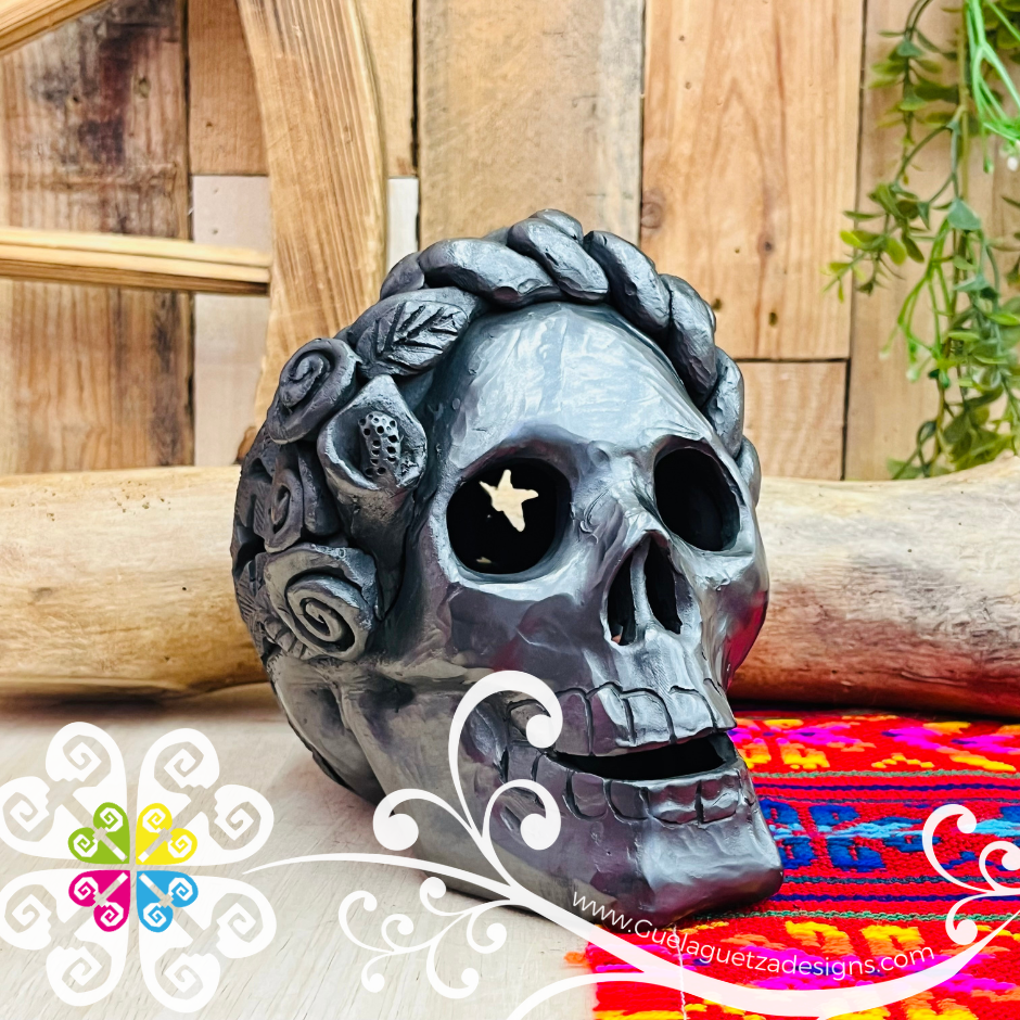 Medium Frida Skull  - Black Clay Oaxaca