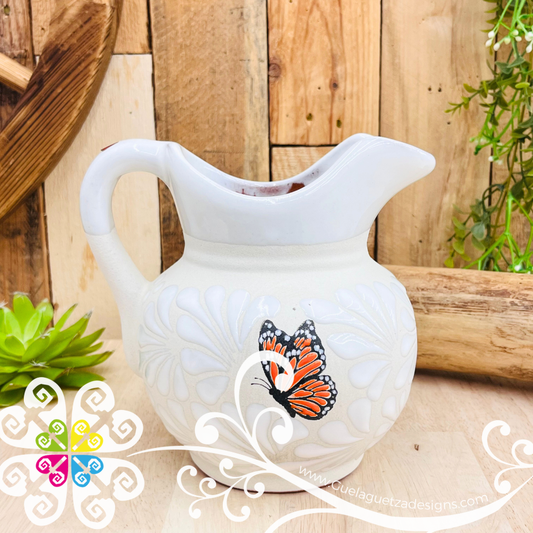 Mariposa White Espiga Lechera Small Clay Pitcher - Jarro