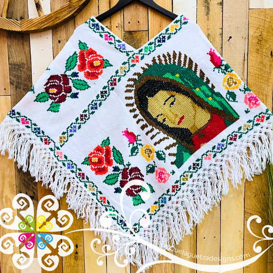 White Guadalupe Design Embroider Poncho - Mañanita