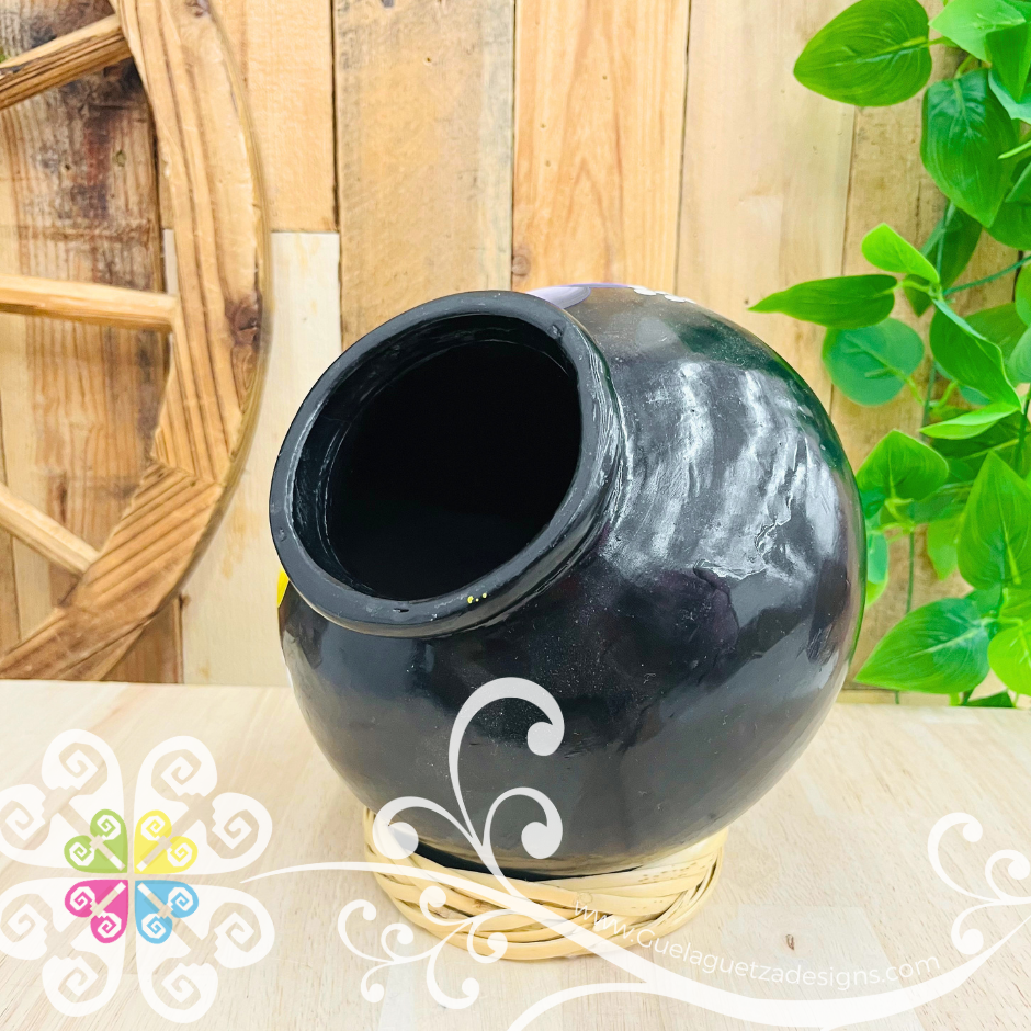 Large Painted Cantarito Black Clay Vase - Barro Negro Oaxaca