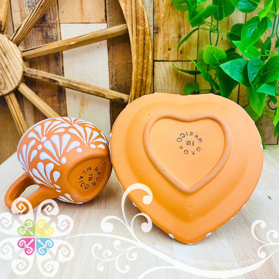 Set of 4 Natural Corazon Clay Plate with Mugs - Set Taza Barro