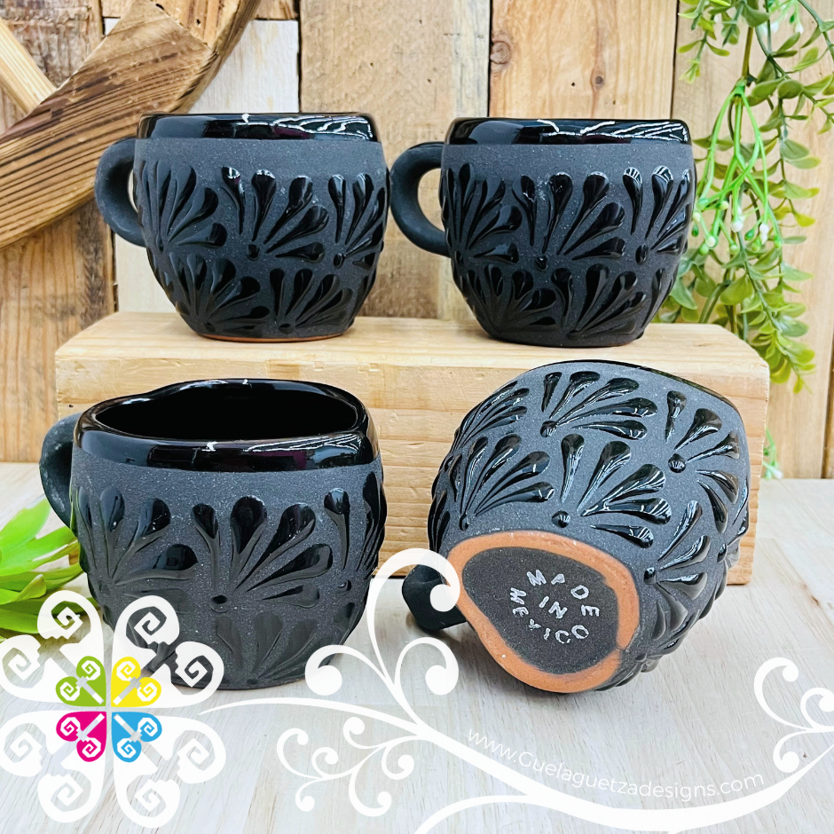 Set of 4 Black Corazon Clay Mugs - Set Taza Barro