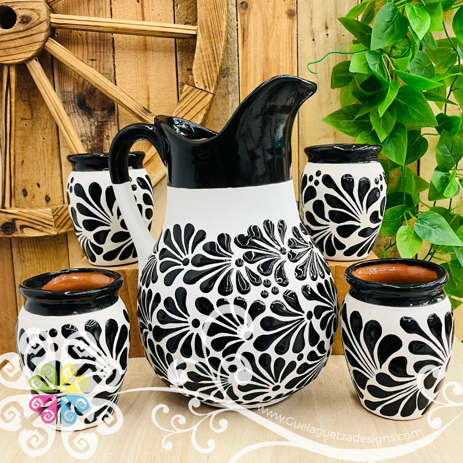 Black with Engobe Espiga Pato Pitcher Set - 4 Cantaritos