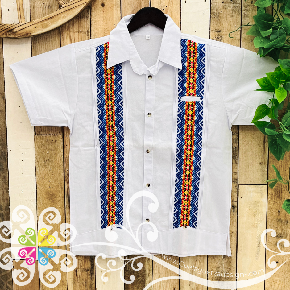 White with Blue Guayabera Michoacán - Embroider Men Shirt