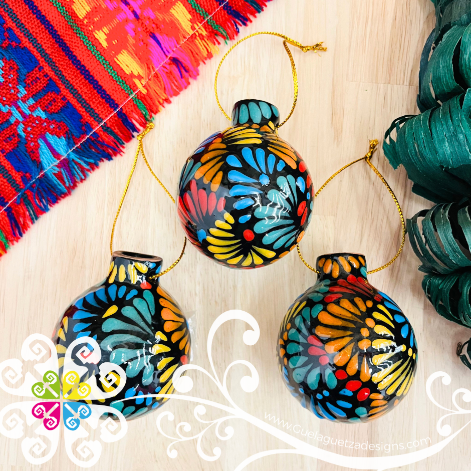 Black with Multi Puebla Ornaments - Talavera Christmas Ornaments