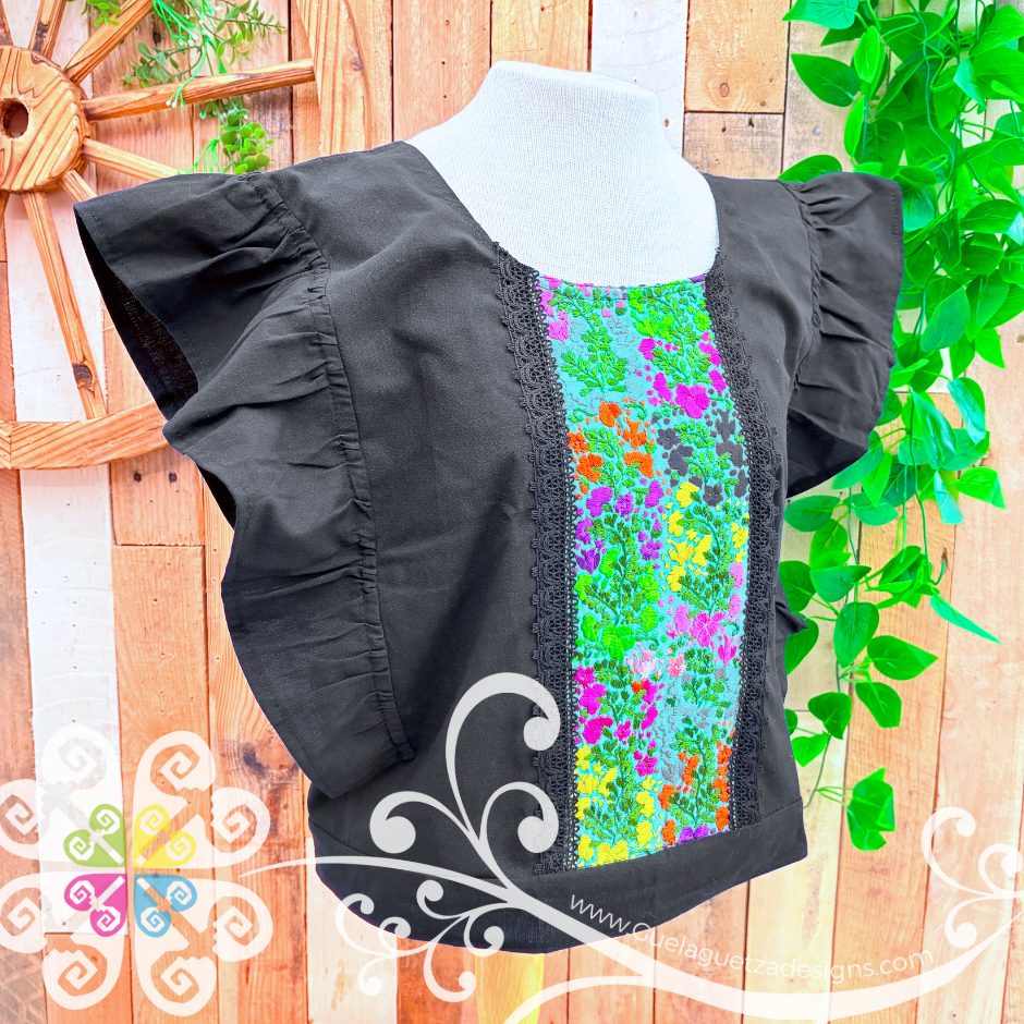 Black with Multicolor Coqueta San Antonino Crop Top