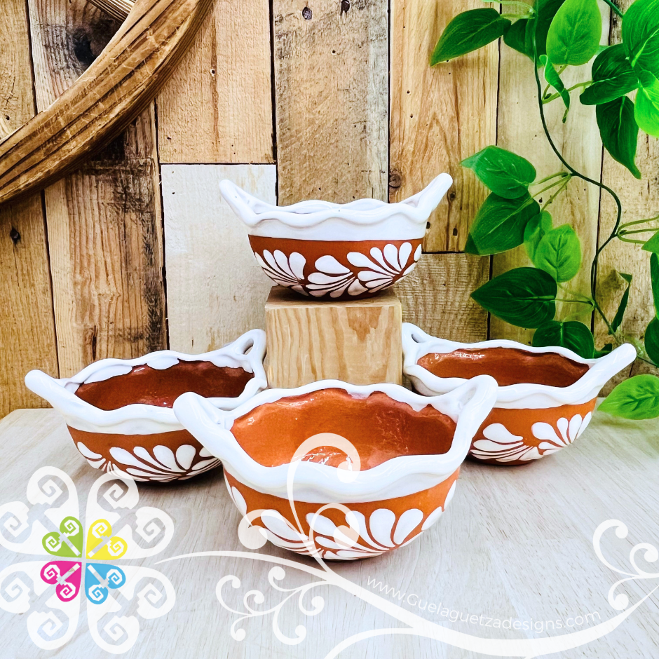 Set of 4 Small Natural with White Espiga Cazuelita Clay Bowl