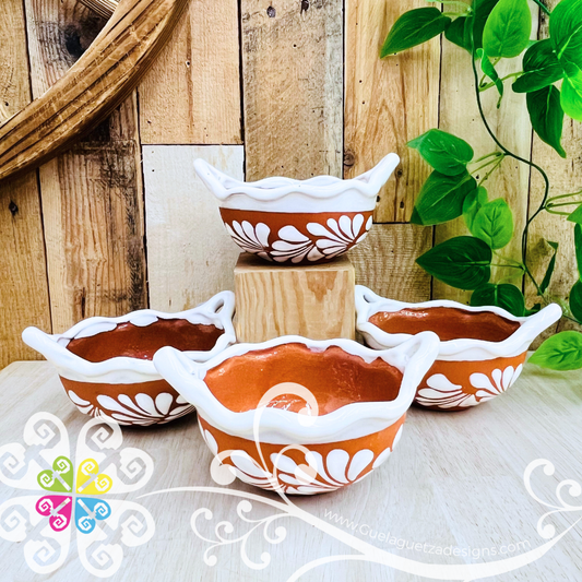 Set of 4 Small Natural with White Espiga Cazuelita Clay Bowl