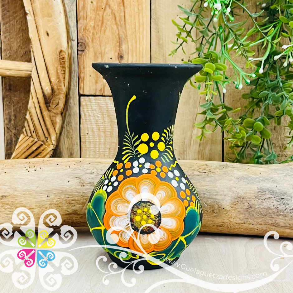 Small Black Clay Handpainted Vase - Barro Negro Oaxaca