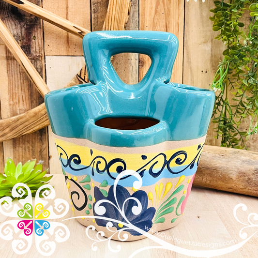 Teal Flores Clay Utensil Holder - Spoon Holder