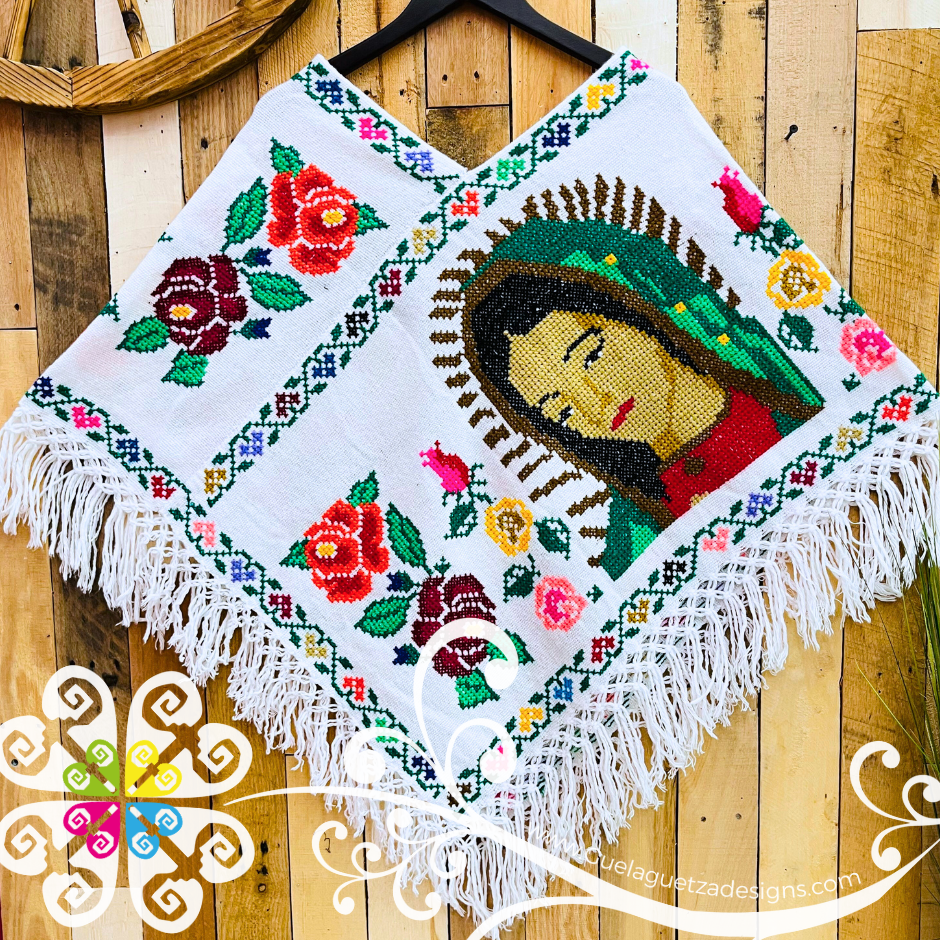 Plus Size Guadalupe Design White Embroider Poncho - Mañanita