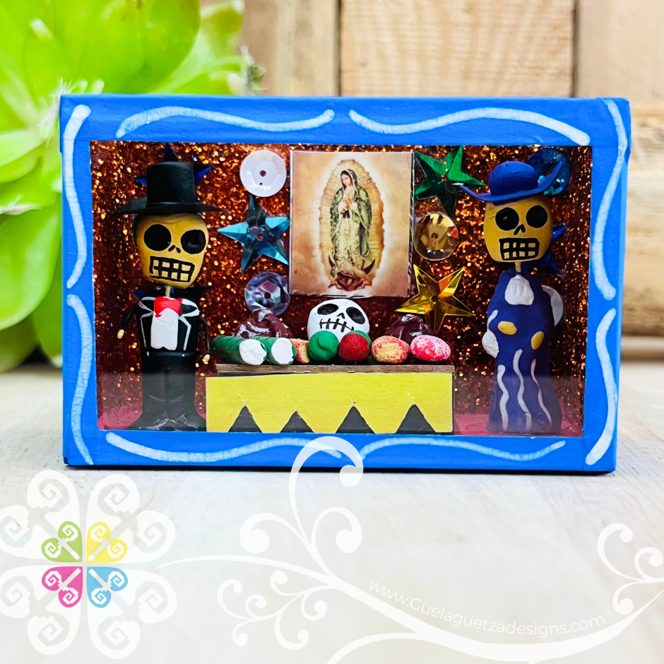 Blue Mini Square Virgen de Guadalupe Mexican Box Decor - Cajita Decorativa Barro Cocido