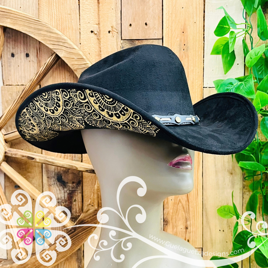 Black Mitla Cowboy Velvet Hat - Hand Painted Hat
