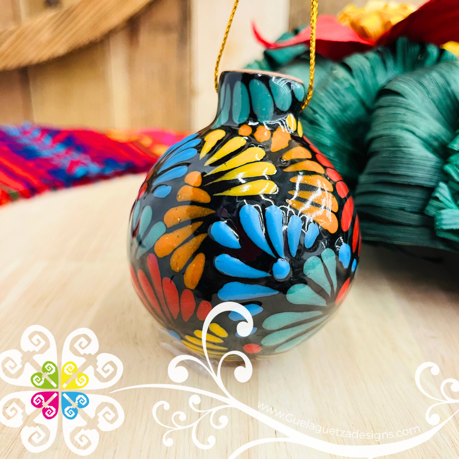 Black with Multi Puebla Ornaments - Talavera Christmas Ornaments