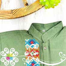 Olive Green Rhombus Stripe Shirt - Embroider Men Shirt