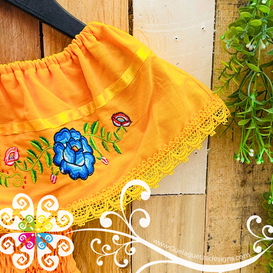 Yellow Tehuana Embroider Campesino Children Dress