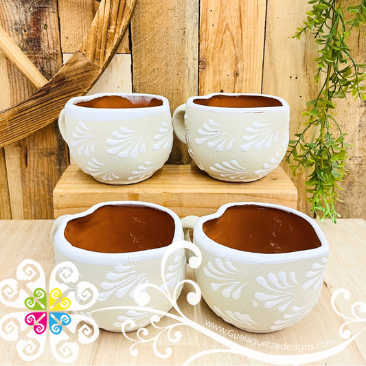 Set of 4 Medium Engobe / White Corazon Clay Mugs - Set Taza Barro