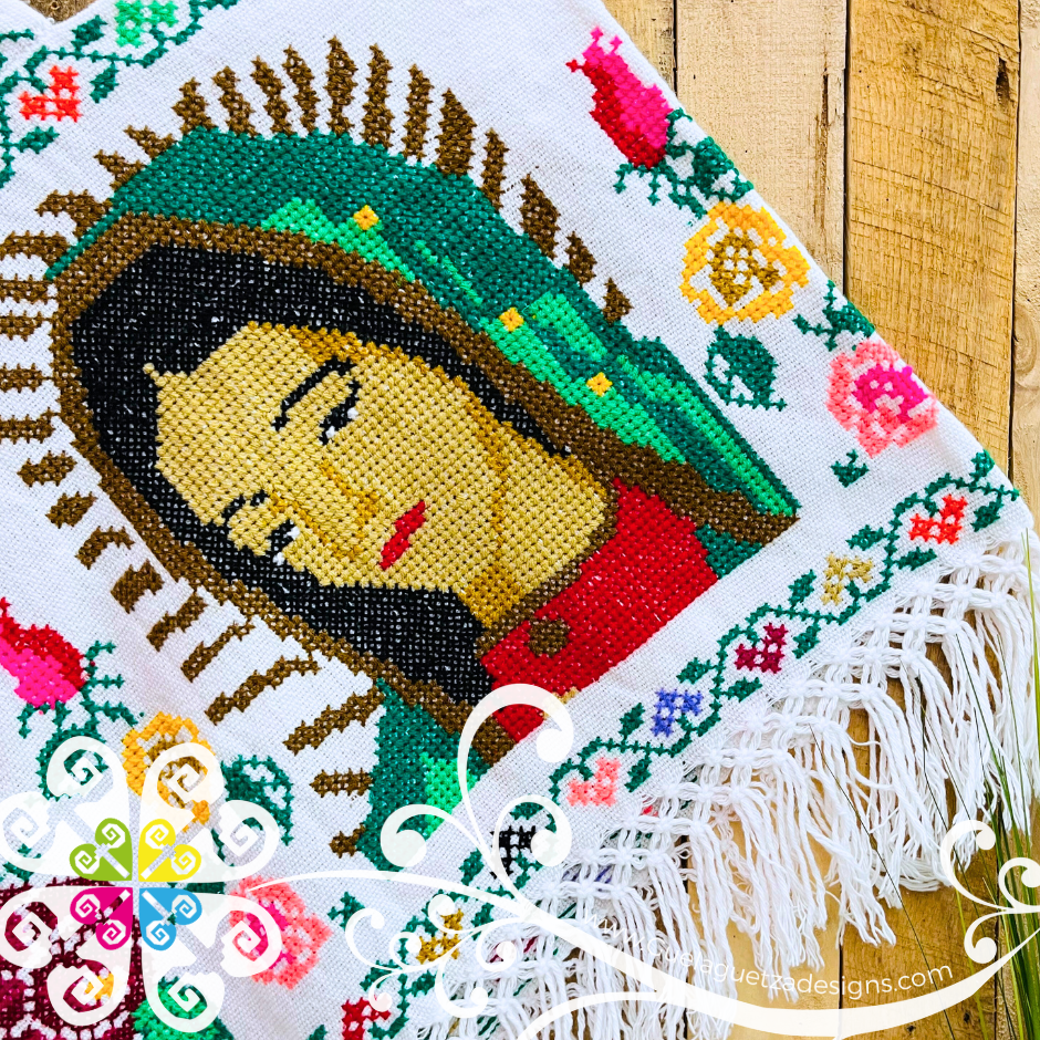 Plus Size Guadalupe Design White Embroider Poncho - Mañanita