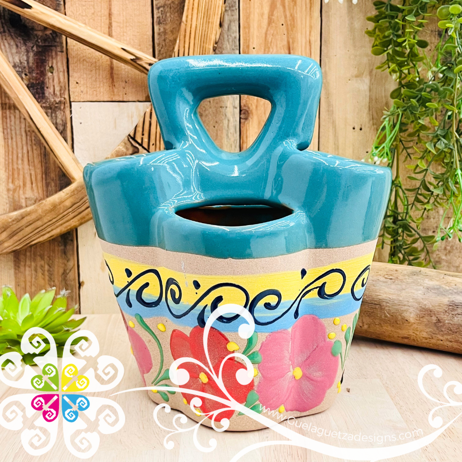 Teal Flores Clay Utensil Holder - Spoon Holder