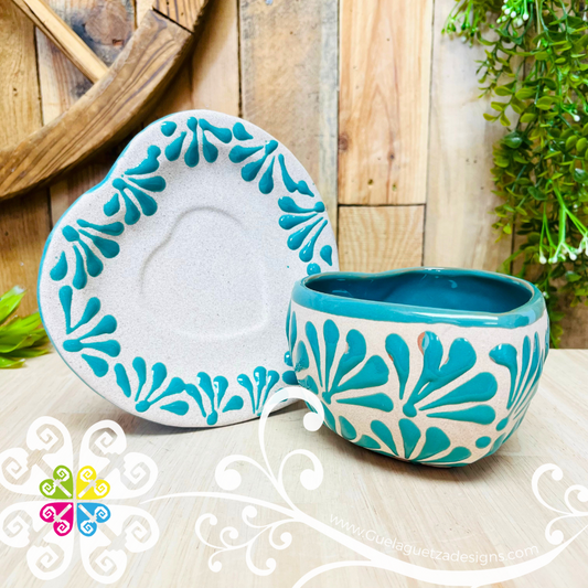 Teal Taza Corazon con Plato  - Clay Mug with Plate