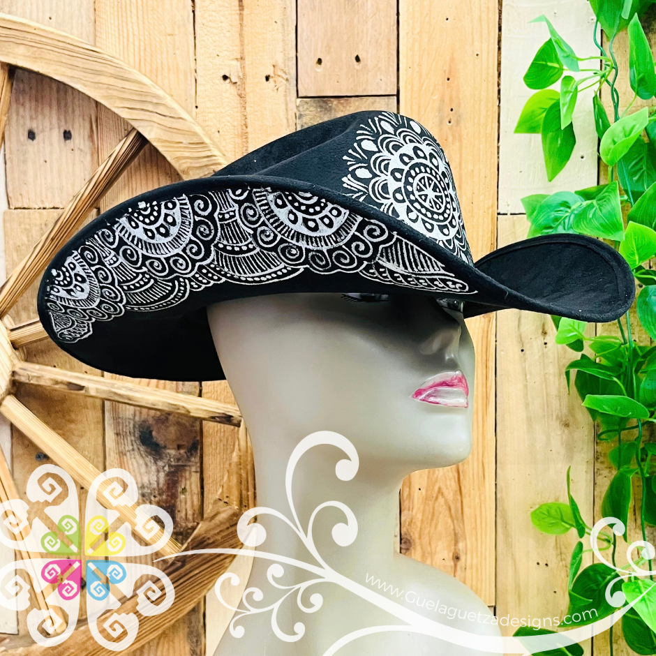Black Mitla Cowboy Velvet Hat - Hand Painted Hat